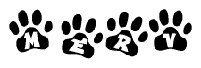 The image shows a series of animal paw prints arranged in a horizontal line. Each paw print contains a letter, and together they spell out the word Merv.