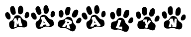 The image shows a row of animal paw prints, each containing a letter. The letters spell out the word Maralyn within the paw prints.