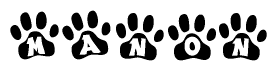 The image shows a series of animal paw prints arranged horizontally. Within each paw print, there's a letter; together they spell Manon