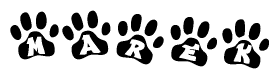 The image shows a series of animal paw prints arranged horizontally. Within each paw print, there's a letter; together they spell Marek