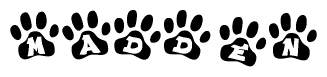 The image shows a series of animal paw prints arranged in a horizontal line. Each paw print contains a letter, and together they spell out the word Madden.