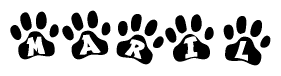 The image shows a series of animal paw prints arranged in a horizontal line. Each paw print contains a letter, and together they spell out the word Maril.