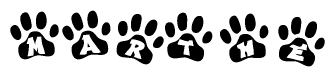 The image shows a series of animal paw prints arranged horizontally. Within each paw print, there's a letter; together they spell Marthe