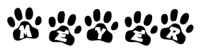 The image shows a series of animal paw prints arranged in a horizontal line. Each paw print contains a letter, and together they spell out the word Meyer.
