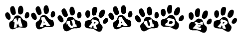 The image shows a series of animal paw prints arranged horizontally. Within each paw print, there's a letter; together they spell Maurauder