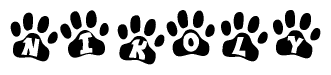 The image shows a series of animal paw prints arranged horizontally. Within each paw print, there's a letter; together they spell Nikoly