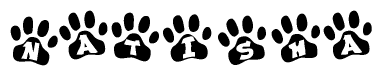 The image shows a row of animal paw prints, each containing a letter. The letters spell out the word Natisha within the paw prints.