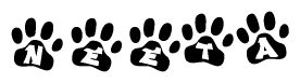 The image shows a series of animal paw prints arranged in a horizontal line. Each paw print contains a letter, and together they spell out the word Neeta.