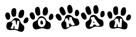 The image shows a series of animal paw prints arranged horizontally. Within each paw print, there's a letter; together they spell Noman