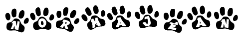 The image shows a row of animal paw prints, each containing a letter. The letters spell out the word Normajean within the paw prints.