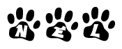 The image shows a row of animal paw prints, each containing a letter. The letters spell out the word Nel within the paw prints.