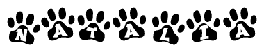 The image shows a series of animal paw prints arranged horizontally. Within each paw print, there's a letter; together they spell Natalia