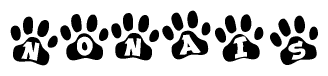 The image shows a series of animal paw prints arranged horizontally. Within each paw print, there's a letter; together they spell Nonais