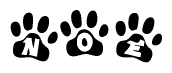 The image shows a row of animal paw prints, each containing a letter. The letters spell out the word Noe within the paw prints.