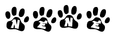 The image shows a series of animal paw prints arranged horizontally. Within each paw print, there's a letter; together they spell Nene