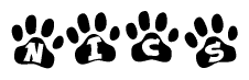 The image shows a row of animal paw prints, each containing a letter. The letters spell out the word Nics within the paw prints.