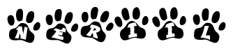The image shows a series of animal paw prints arranged in a horizontal line. Each paw print contains a letter, and together they spell out the word Neriil.
