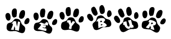 The image shows a series of animal paw prints arranged horizontally. Within each paw print, there's a letter; together they spell Neybur