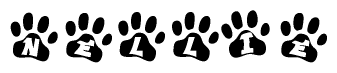 The image shows a row of animal paw prints, each containing a letter. The letters spell out the word Nellie within the paw prints.