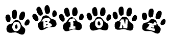 The image shows a row of animal paw prints, each containing a letter. The letters spell out the word Obione within the paw prints.