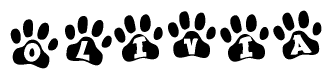 The image shows a series of animal paw prints arranged horizontally. Within each paw print, there's a letter; together they spell Olivia