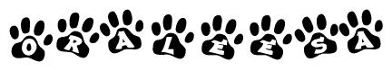 The image shows a series of animal paw prints arranged horizontally. Within each paw print, there's a letter; together they spell Oraleesa