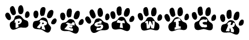 The image shows a series of animal paw prints arranged horizontally. Within each paw print, there's a letter; together they spell Prestwick