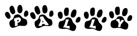 The image shows a series of animal paw prints arranged in a horizontal line. Each paw print contains a letter, and together they spell out the word Pally.