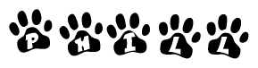 The image shows a series of animal paw prints arranged horizontally. Within each paw print, there's a letter; together they spell Phill