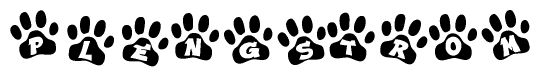 The image shows a row of animal paw prints, each containing a letter. The letters spell out the word Plengstrom within the paw prints.