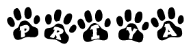 The image shows a row of animal paw prints, each containing a letter. The letters spell out the word Priya within the paw prints.