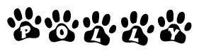 The image shows a row of animal paw prints, each containing a letter. The letters spell out the word Polly within the paw prints.