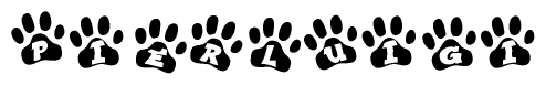 The image shows a series of animal paw prints arranged in a horizontal line. Each paw print contains a letter, and together they spell out the word Pierluigi.