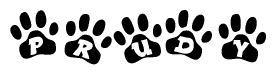 The image shows a row of animal paw prints, each containing a letter. The letters spell out the word Prudy within the paw prints.