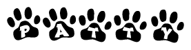 The image shows a series of animal paw prints arranged in a horizontal line. Each paw print contains a letter, and together they spell out the word Patty.