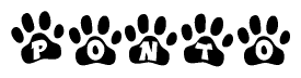 The image shows a series of animal paw prints arranged in a horizontal line. Each paw print contains a letter, and together they spell out the word Ponto.