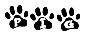 The image shows a series of animal paw prints arranged horizontally. Within each paw print, there's a letter; together they spell Pig