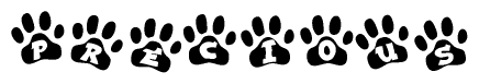 The image shows a series of animal paw prints arranged horizontally. Within each paw print, there's a letter; together they spell Precious