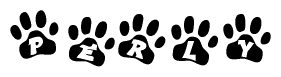 The image shows a row of animal paw prints, each containing a letter. The letters spell out the word Perly within the paw prints.