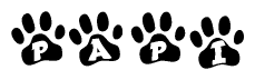 The image shows a series of animal paw prints arranged horizontally. Within each paw print, there's a letter; together they spell Papi