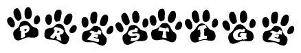 The image shows a row of animal paw prints, each containing a letter. The letters spell out the word Prestige within the paw prints.