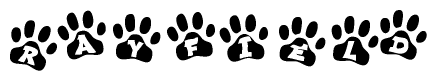 The image shows a row of animal paw prints, each containing a letter. The letters spell out the word Rayfield within the paw prints.