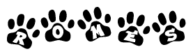 The image shows a series of animal paw prints arranged horizontally. Within each paw print, there's a letter; together they spell Romes
