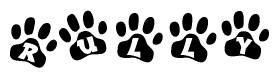 The image shows a row of animal paw prints, each containing a letter. The letters spell out the word Rully within the paw prints.