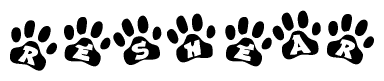 The image shows a row of animal paw prints, each containing a letter. The letters spell out the word Reshear within the paw prints.