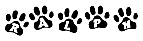 The image shows a series of animal paw prints arranged horizontally. Within each paw print, there's a letter; together they spell Ralph