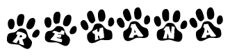 The image shows a series of animal paw prints arranged in a horizontal line. Each paw print contains a letter, and together they spell out the word Rehana.