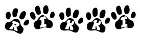 The image shows a row of animal paw prints, each containing a letter. The letters spell out the word Rikki within the paw prints.