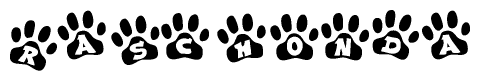 The image shows a row of animal paw prints, each containing a letter. The letters spell out the word Raschonda within the paw prints.