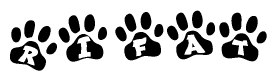 The image shows a row of animal paw prints, each containing a letter. The letters spell out the word Rifat within the paw prints.
